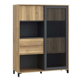 САУТ БИЙЧ НИСКА ВИТРИНА С 4 ВРАТИ И 2 ЧЕКМЕДЖЕТА С ПУШ МЕХАНИЗЪМ 115,5/42/149,6 СМ ДЪБ МАУВЕЛА/АНТРАЦИТ/ ЧЕРНИ МЕТАЛНИ КРАКА